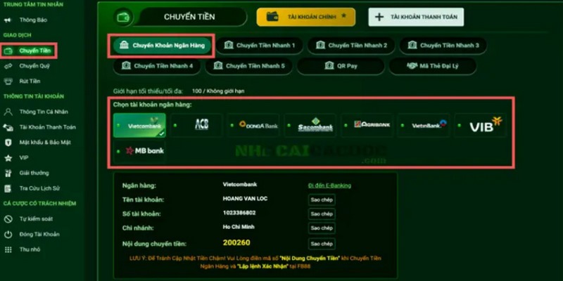 Nạp tiền bằng phương thức chuyển khoản từ ngân hàng